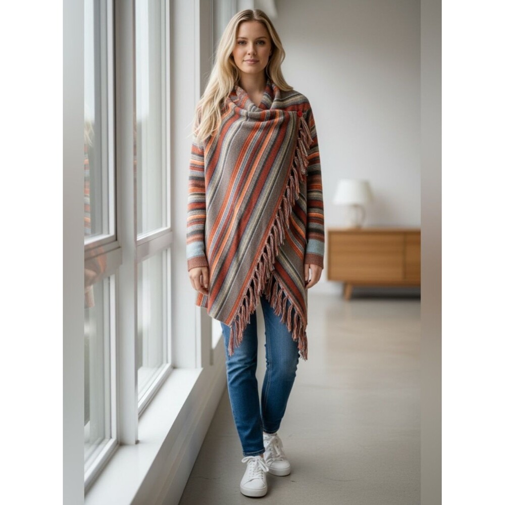Striped Fringe Knit Sweater Wrap Orange Tan Rust Blue Large